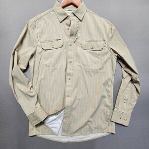 Poncho The Glenwood Performance Shirt Mens Small Slim Fit Tan Stripe UPF 50 Fish